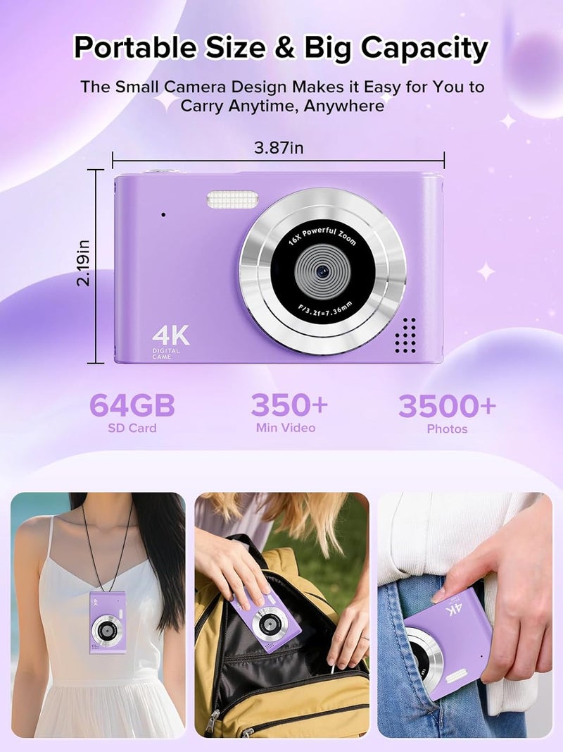 BEARBISU Digital Camera, 44MP Full HD 1080P Point and Shoot Camera with 64GB Card, Anti Shake 16X Zoom Compact Volg Cameras, Portable Small Digicam Gift for Kids, Ages Teen Girl Boy - Purple - Image 4